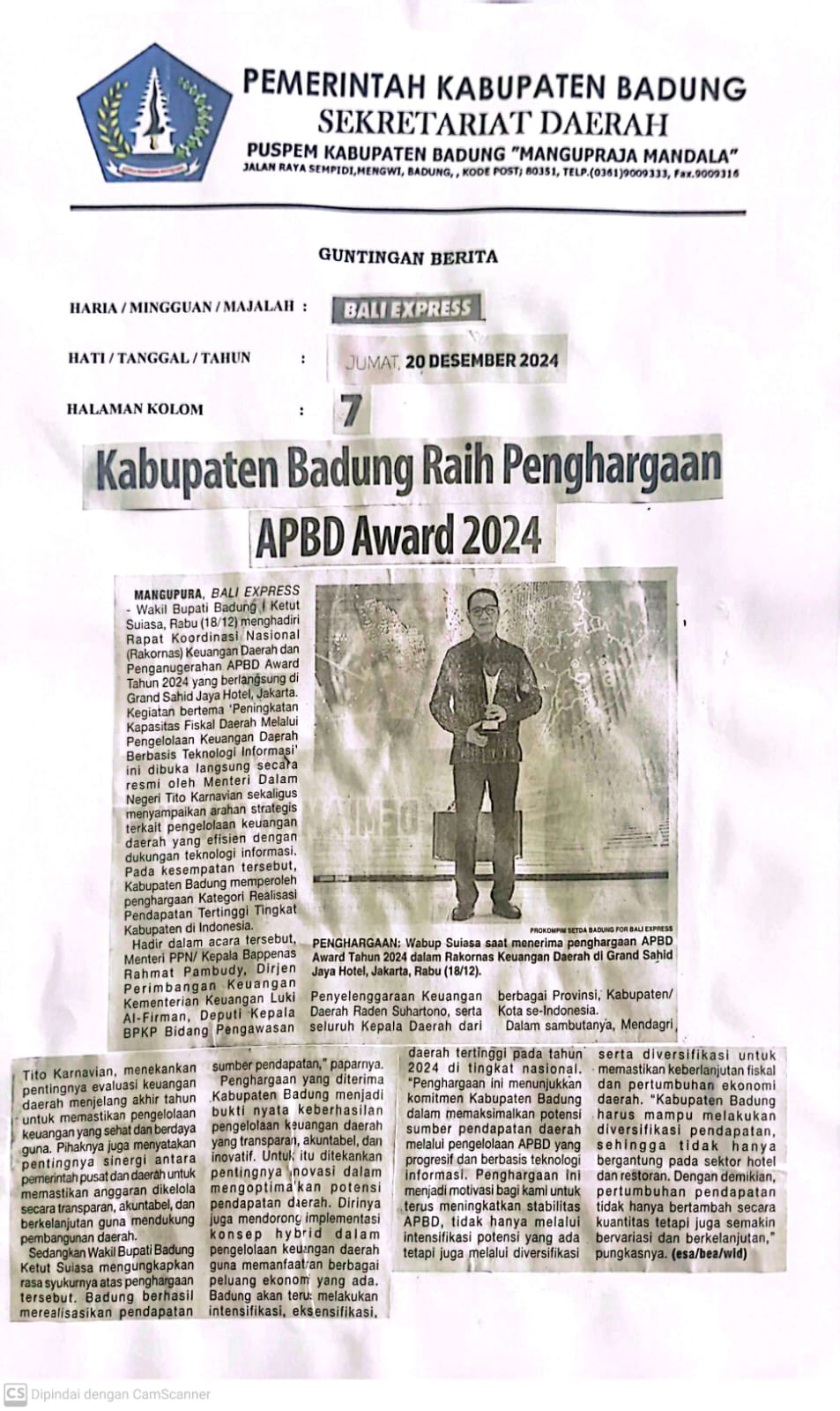 Kabupaten Badung Raih Penghargaan APBD Award 2024