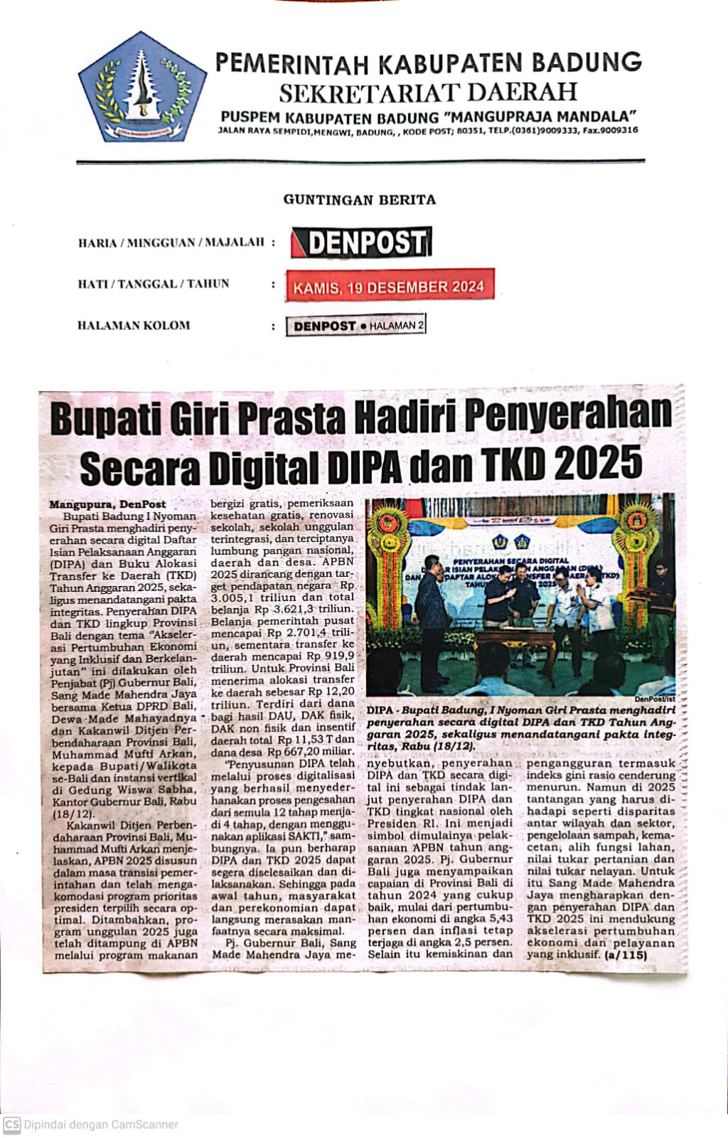 Bupati Giri Prasta Hadiri Penyerahan Secara Digital DIPA dan TKD 2025