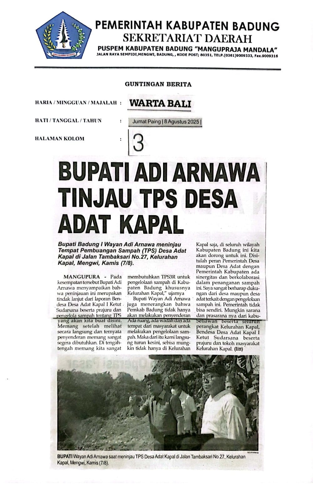 Bupati Adi Arnawa Tinjau TPS Desa Adat Kapal