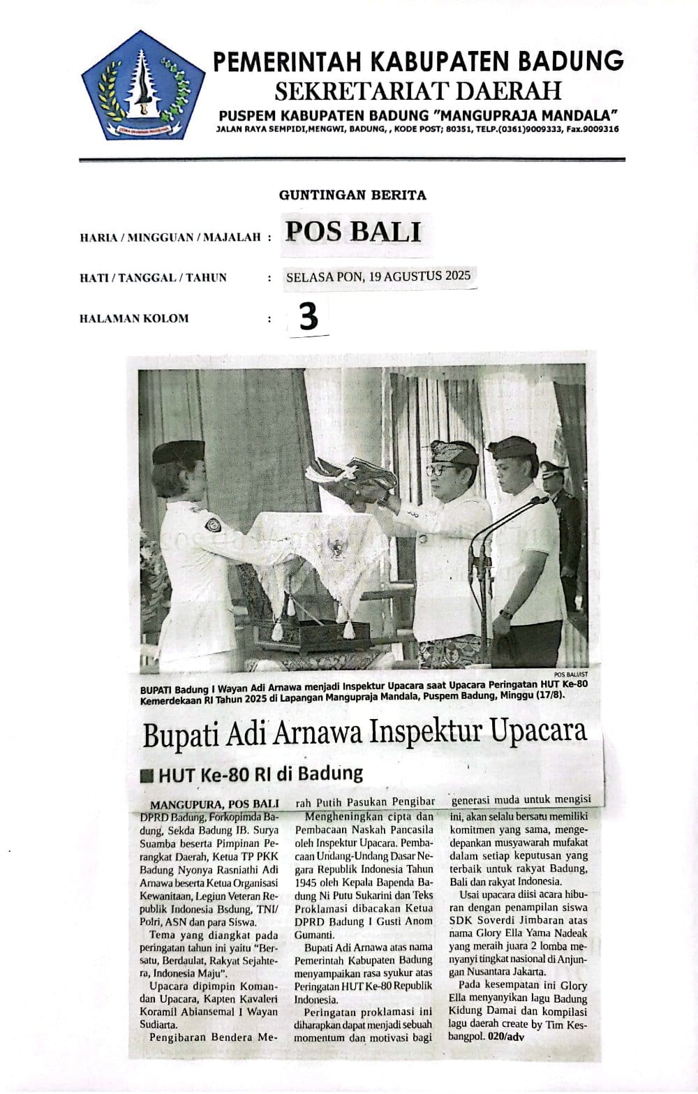 Bupati Adi Arnawa Inspektur Upacara