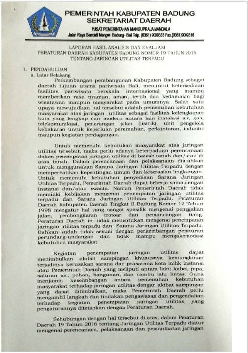 Laporan Hasil Analisis Dan Evaluasi Peraturan Daerah Kabupaten Badung Nomor 19 Tahun 2016 Tentang Jaringan Utilitas Terpadu