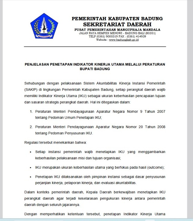 Penjelasan Penetapan Indikator Kinerja Utama Melalui Peraturan Bupati Badung