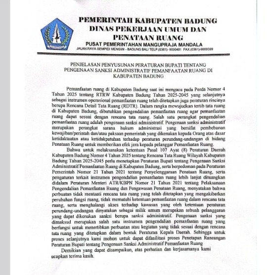 Penjelasan Penyusunan Peraturan Bupati Tentang Pengenaan Sanksi Administratif Pemanfaatan Ruang Di Kabupaten Badung